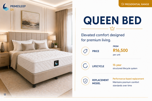 Advertisement for a queen bed with mattress, base and legs